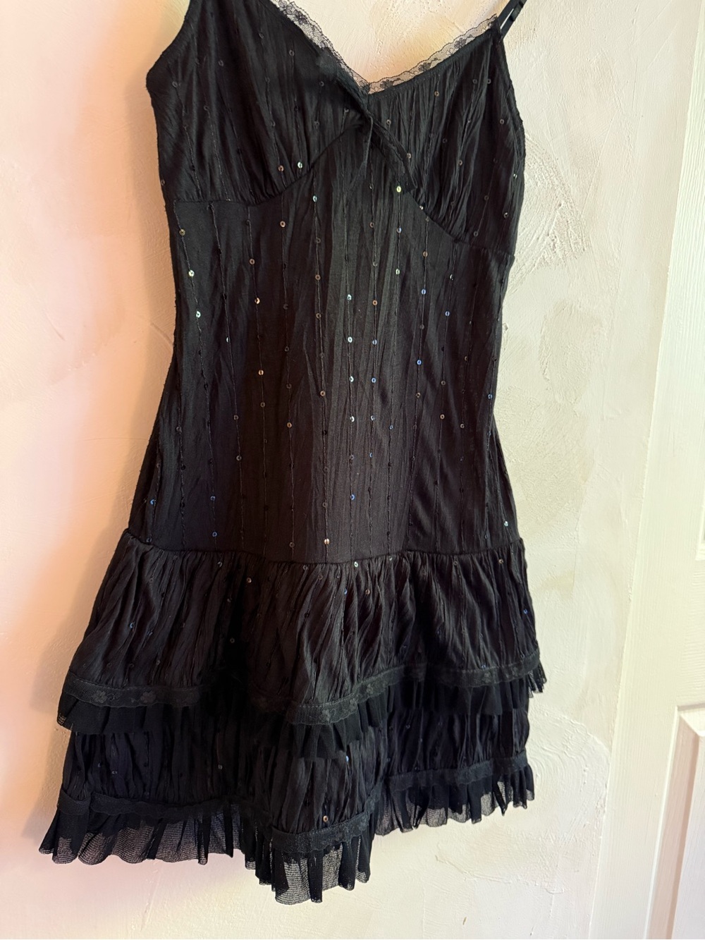 ICHI | Y2K Black Sequin Slip Dress | Size S | Tiered Ruffle Mesh Hem - Picture 4 of 11